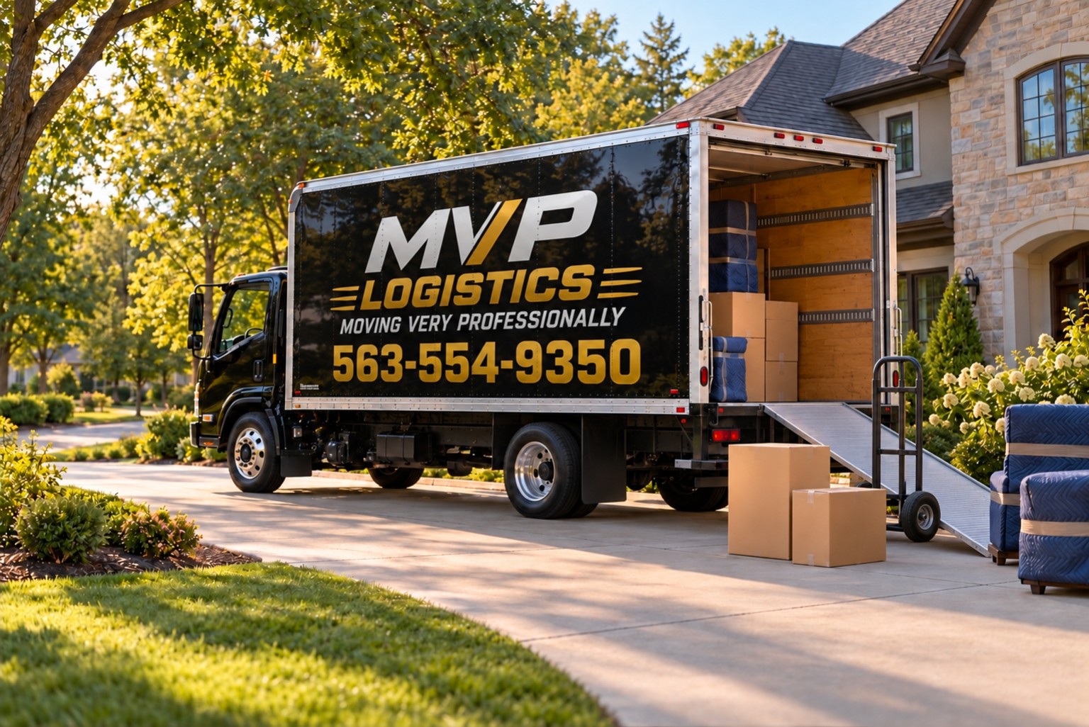 MVP Logistics truck with full logo and phone number, boxes and a standing dolly in a suburban driveway